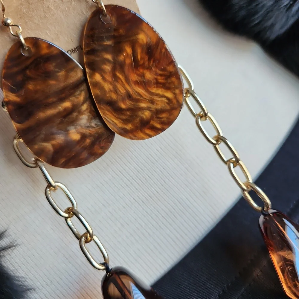 🤎Elegant Brown & Ambertone🤎 Statement Necklace with Earrings Set- Reversible. - Picture 2 of 16